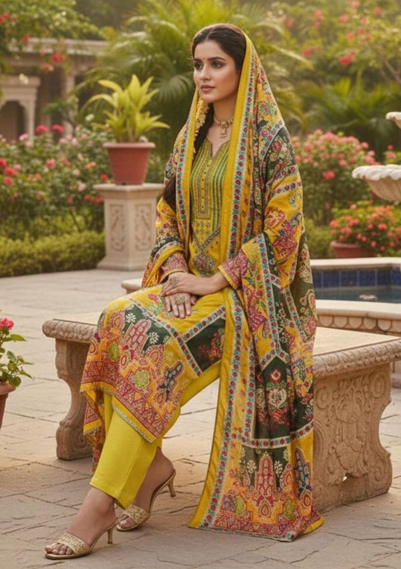 Yellow Abstract Chiffon Kurta Set - Indya