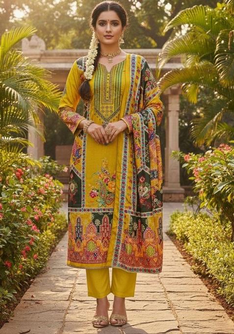 Yellow Abstract Chiffon Kurta Set