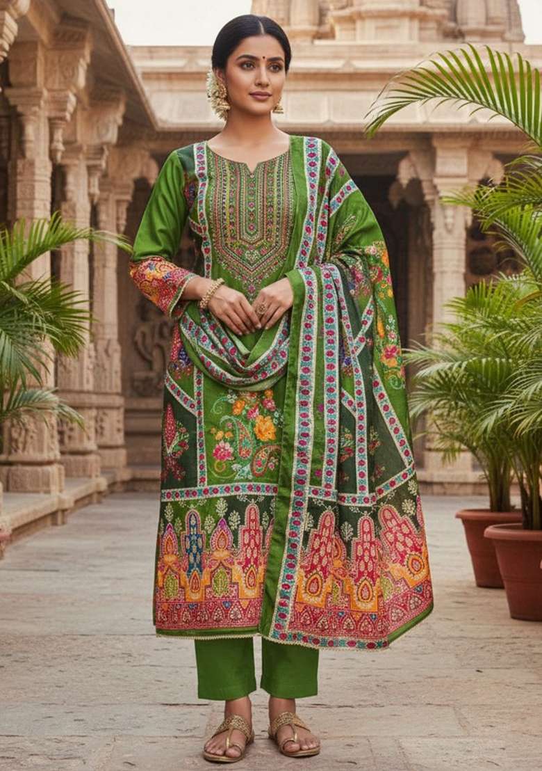 Green Printed Chiffon Straight Kurta Set - Indya