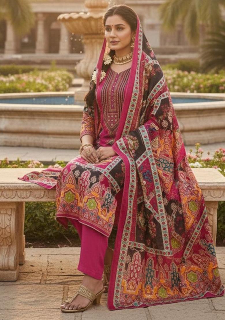 Pink Abstract Chiffon Kurta Set - Indya