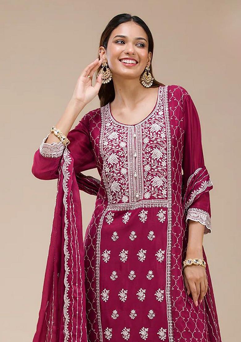 Pink Embroidered Georgette Kurta Set - Indya