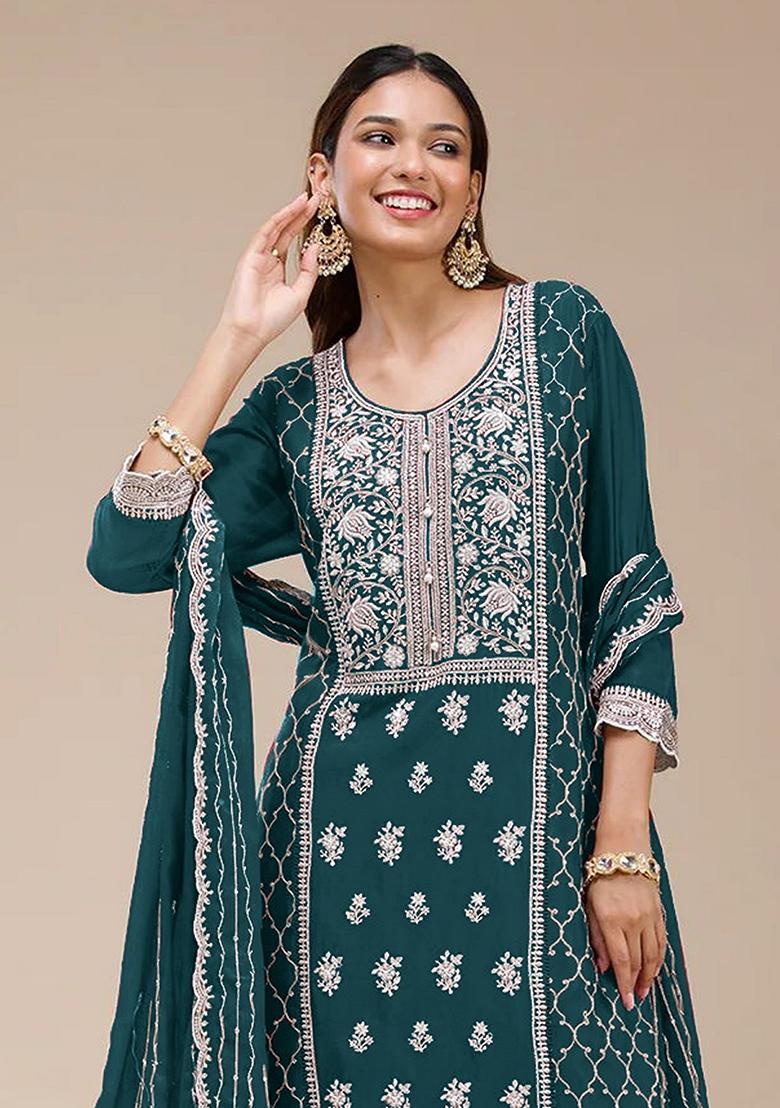 Green Embroidered Georgette Kurta Set - Indya