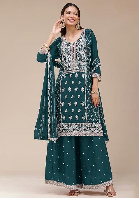 Green Embroidered Georgette Kurta Set