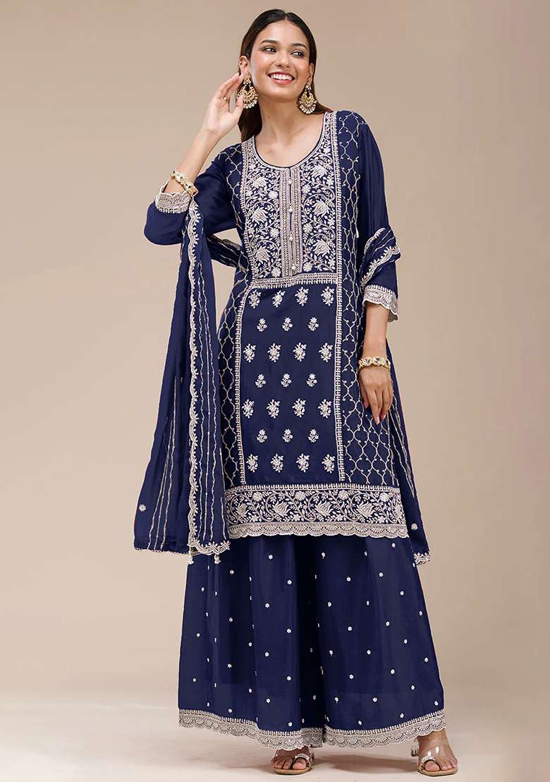 Blue Embroidered Georgette Sharara Set - Indya