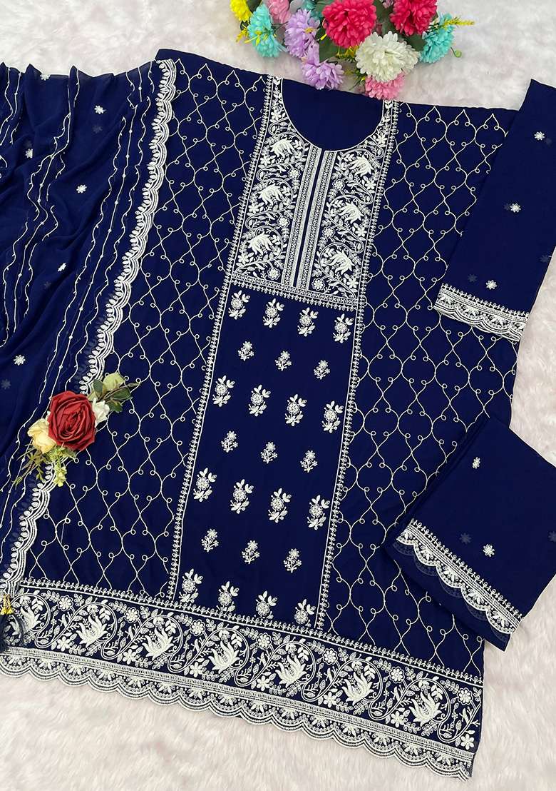 Blue Embroidered Georgette Sharara Set - Indya