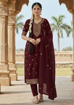 Maroon Embroidered Georgette Kurta Set