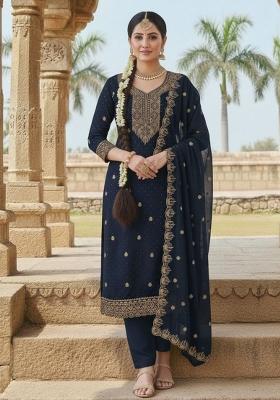 Blue Embroidered Georgette Kurta Set