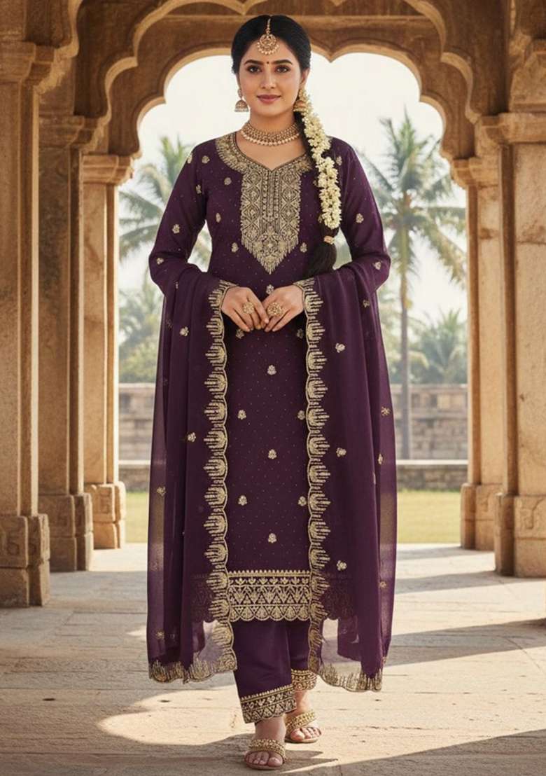 Purple Embroidered Georgette Kurta Set - Indya