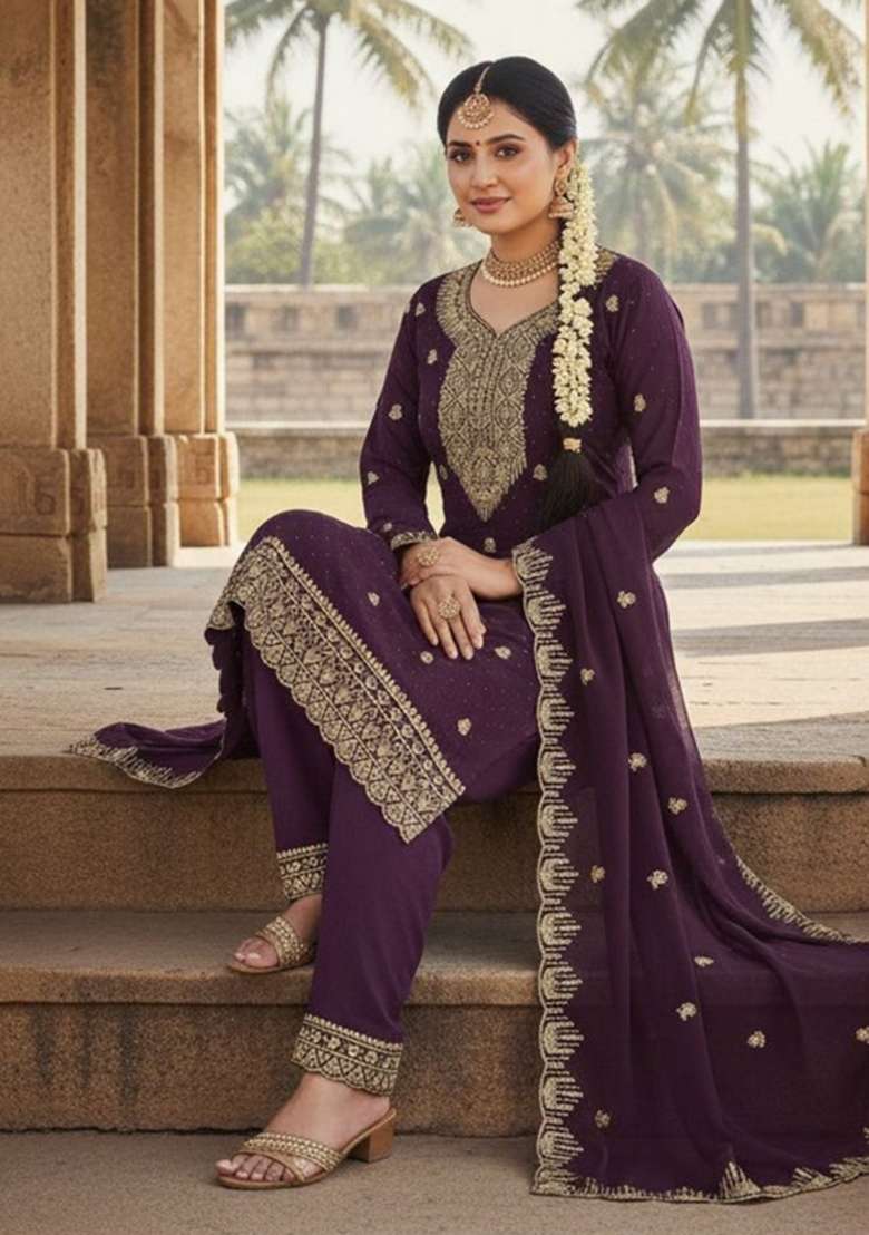 Purple Embroidered Georgette Kurta Set - Indya