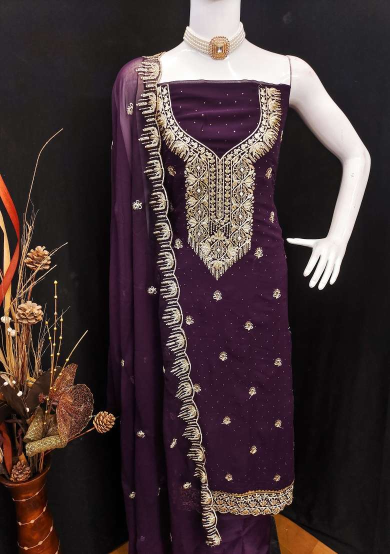 Purple Embroidered Georgette Kurta Set - Indya