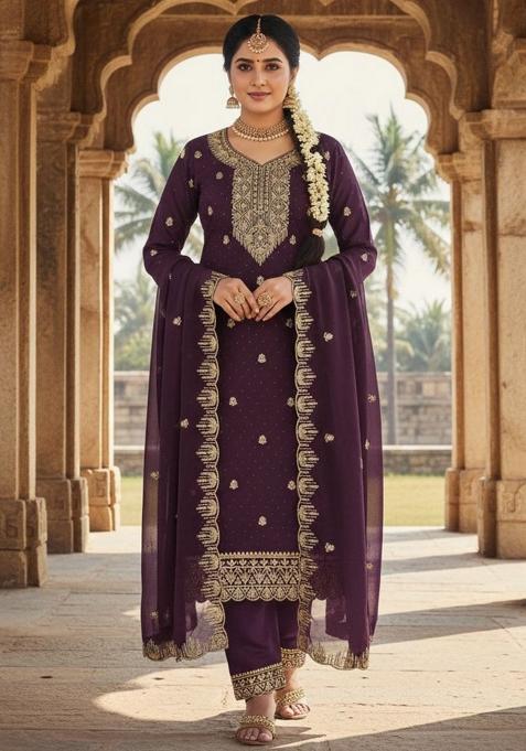 Purple Embroidered Georgette Kurta Set
