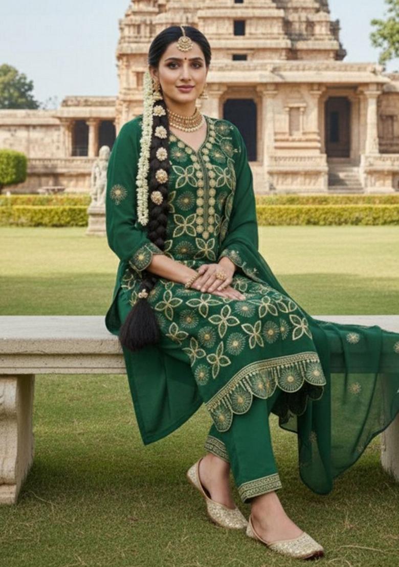 Green Embroidered Georgette Kurta Set - Indya
