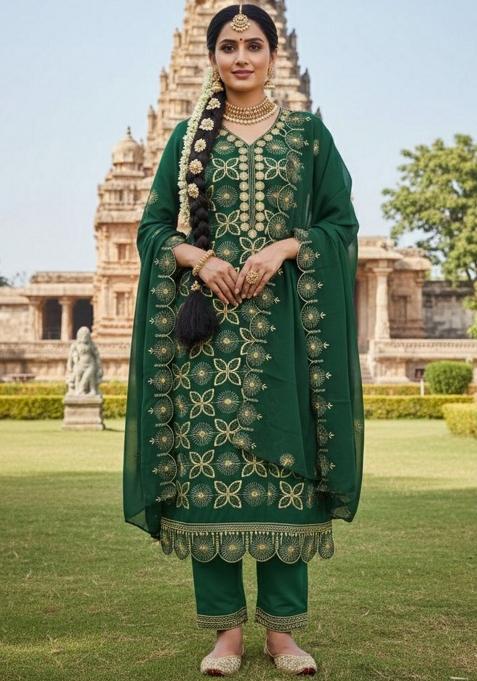 Green Embroidered Georgette Kurta Set