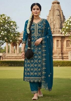 Teal Embroidered Georgette Kurta Set