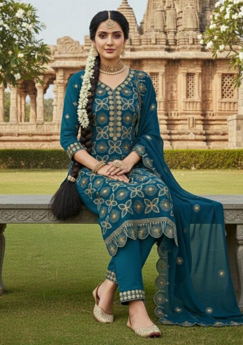 Teal Embroidered Georgette Kurta Set - Indya