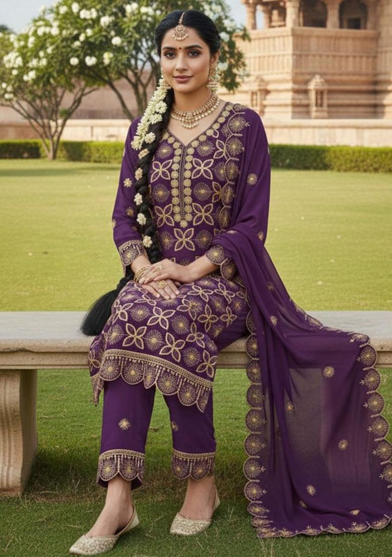 Lavender Embroidered Georgette Kurta Set - Indya