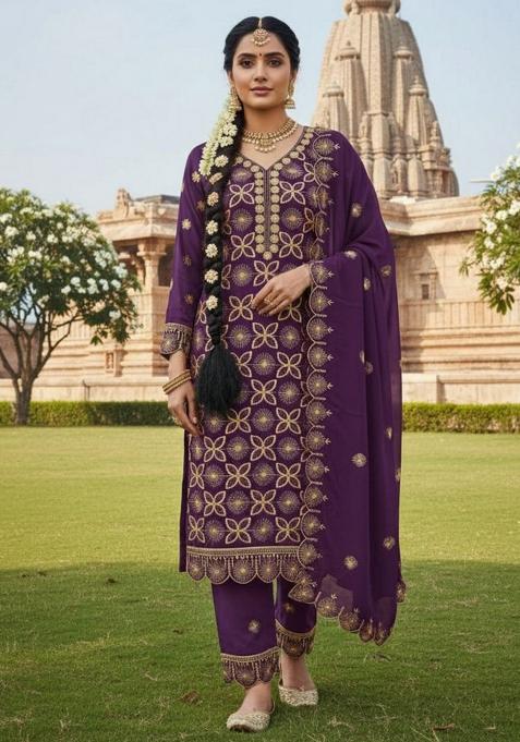 Lavender Embroidered Georgette Kurta Set