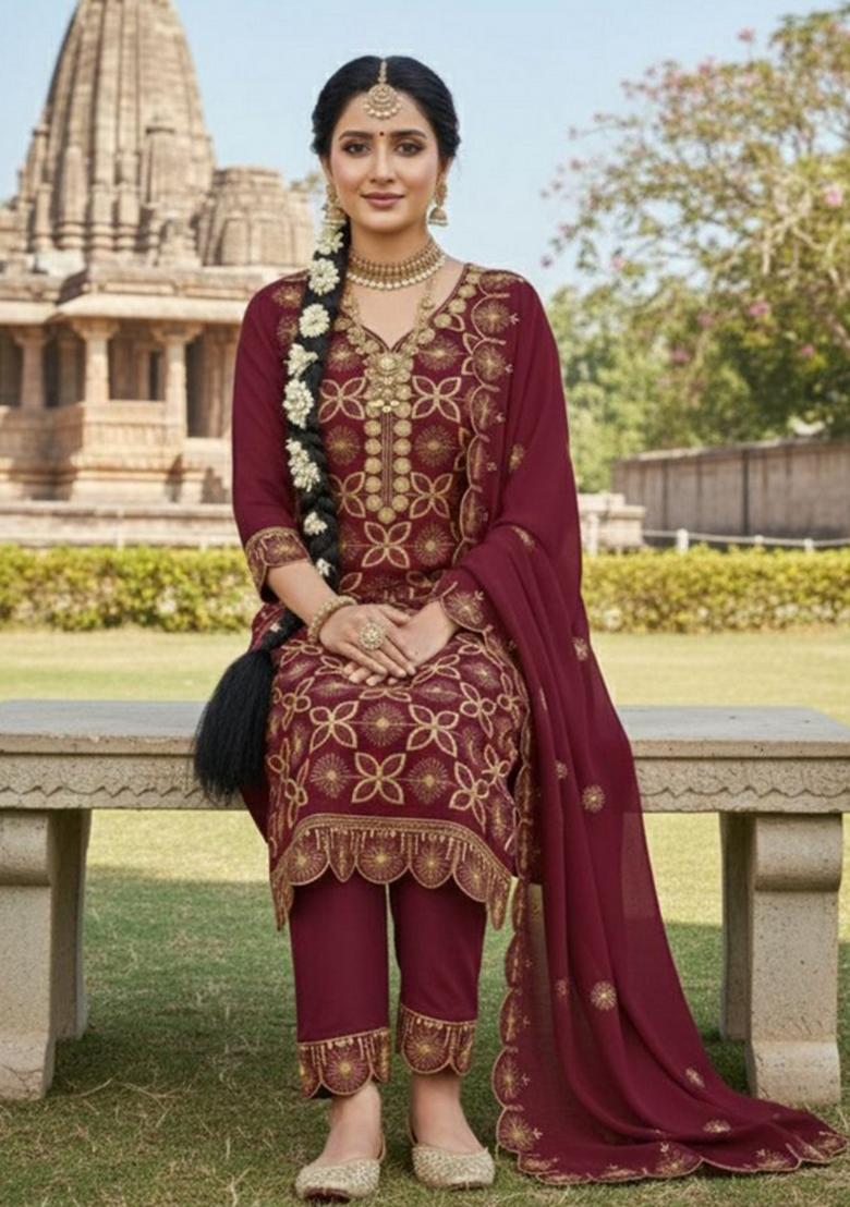 Maroon Embroidered Georgette Kurta Set - Indya