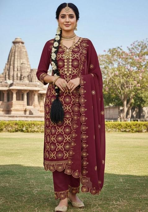 Maroon Embroidered Georgette Kurta Set