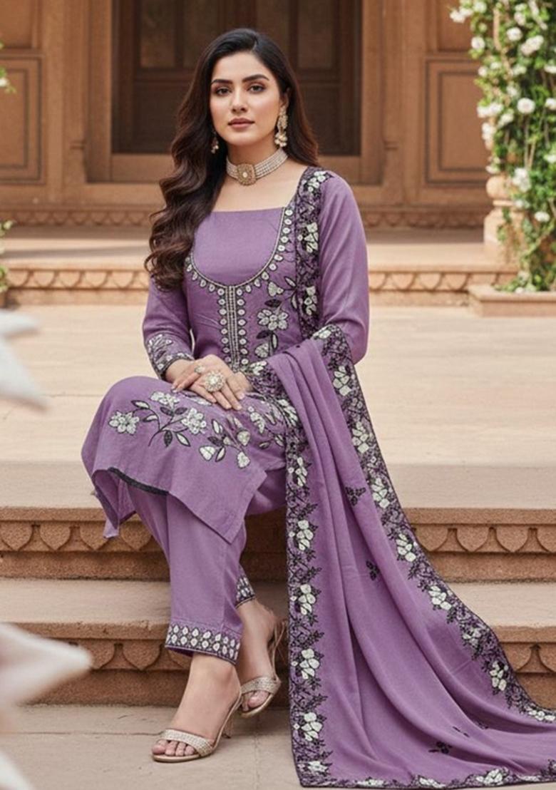 Purple Embroidered Georgette Kurta Set - Indya