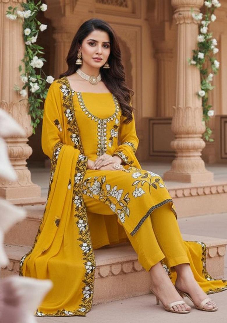 Yellow Embroidered Georgette Kurta Set - Indya