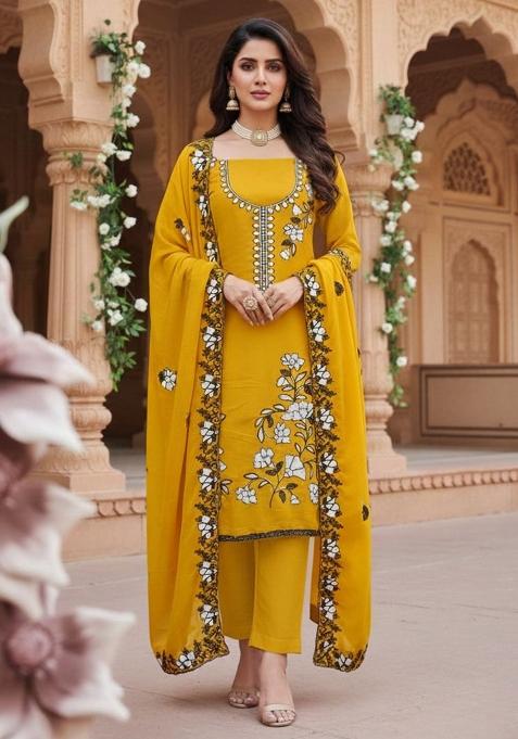 Yellow Embroidered Georgette Kurta Set