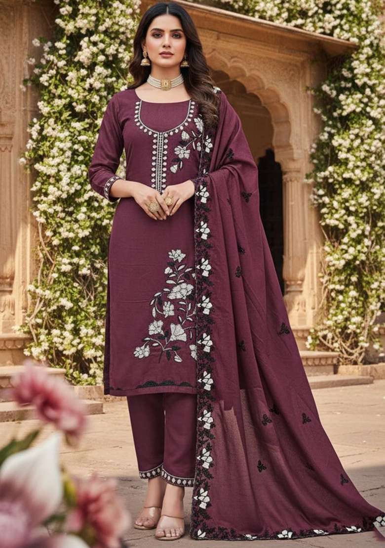 Wine Embroidered Georgette Straight Kurta Set - Indya