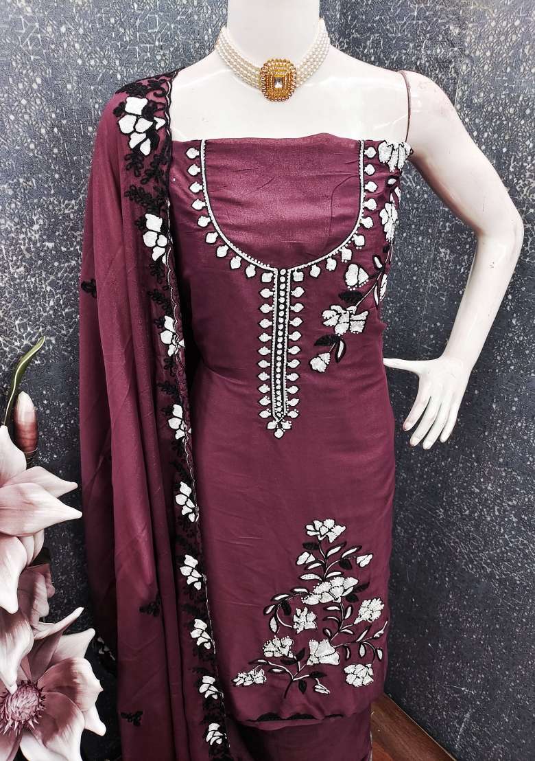 Wine Embroidered Georgette Straight Kurta Set - Indya