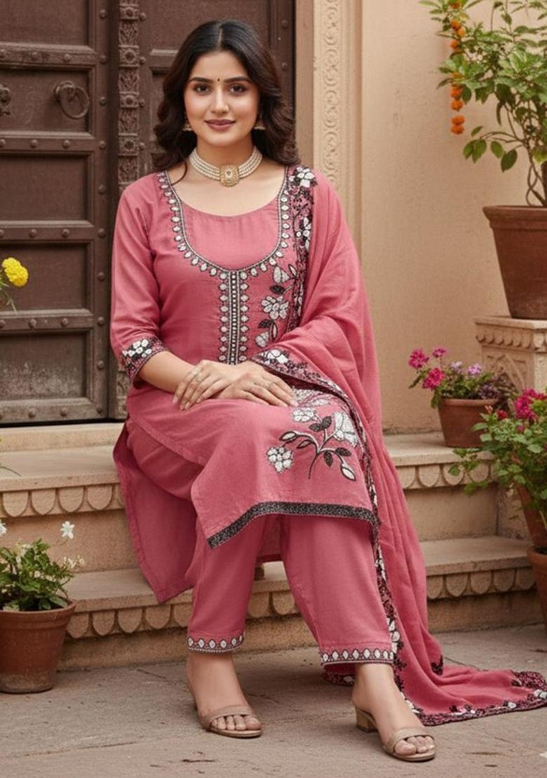 Pink Embroidered Georgette Kurta Set - Indya