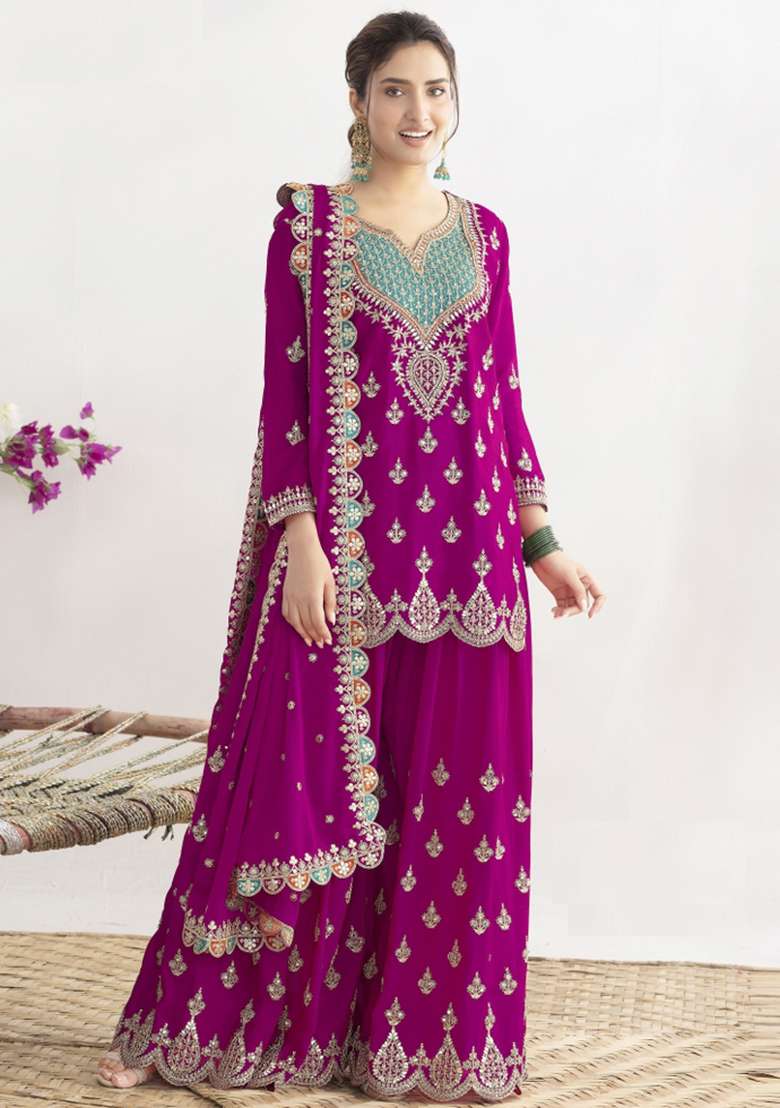 Pink Embroidered Tissue Sharara Set - Indya
