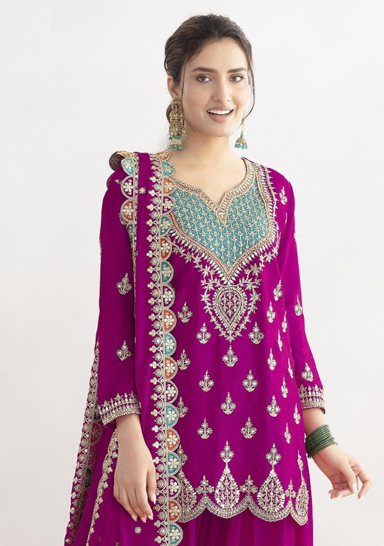 Pink Embroidered Tissue Kurta Set - Indya