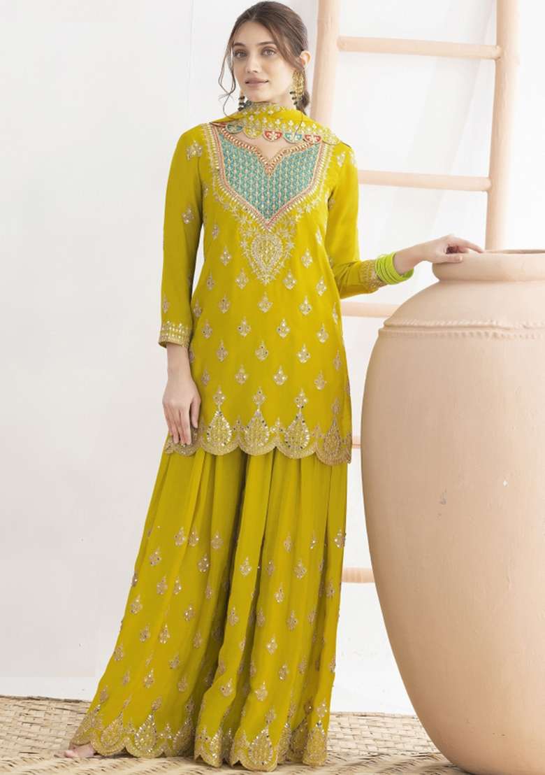 Yellow Embroidered Tissue Sharara Set - Indya