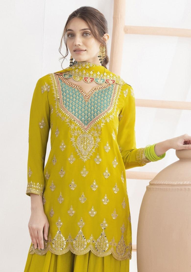 Yellow Embroidered Tissue Kurta Set - Indya