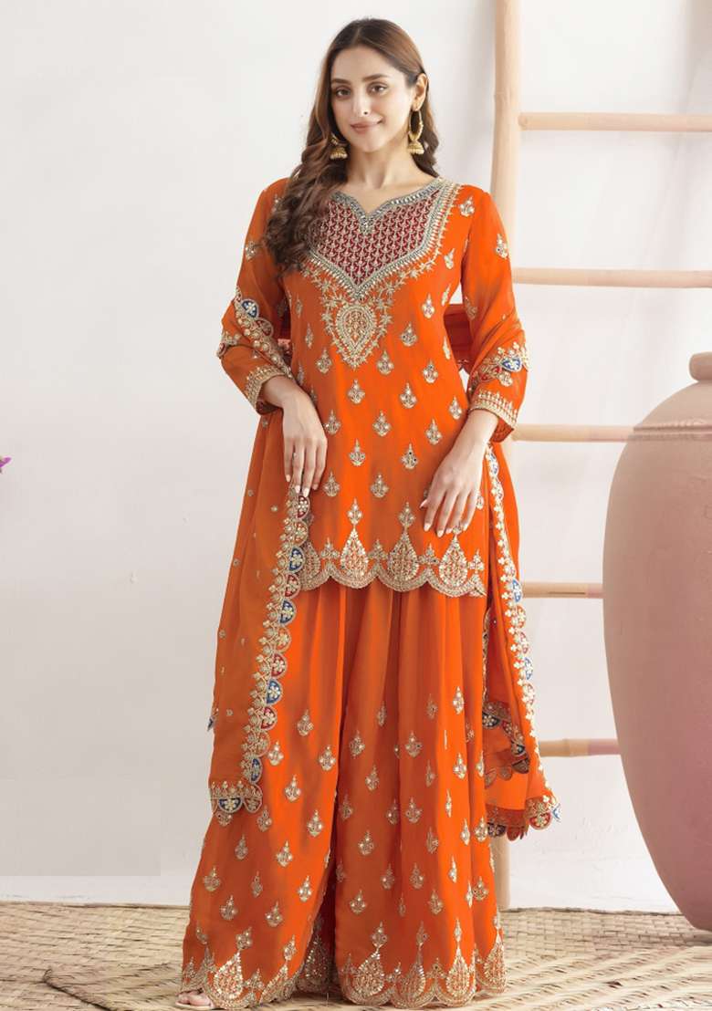 Orange Embroidered Tissue Sharara Set - Indya