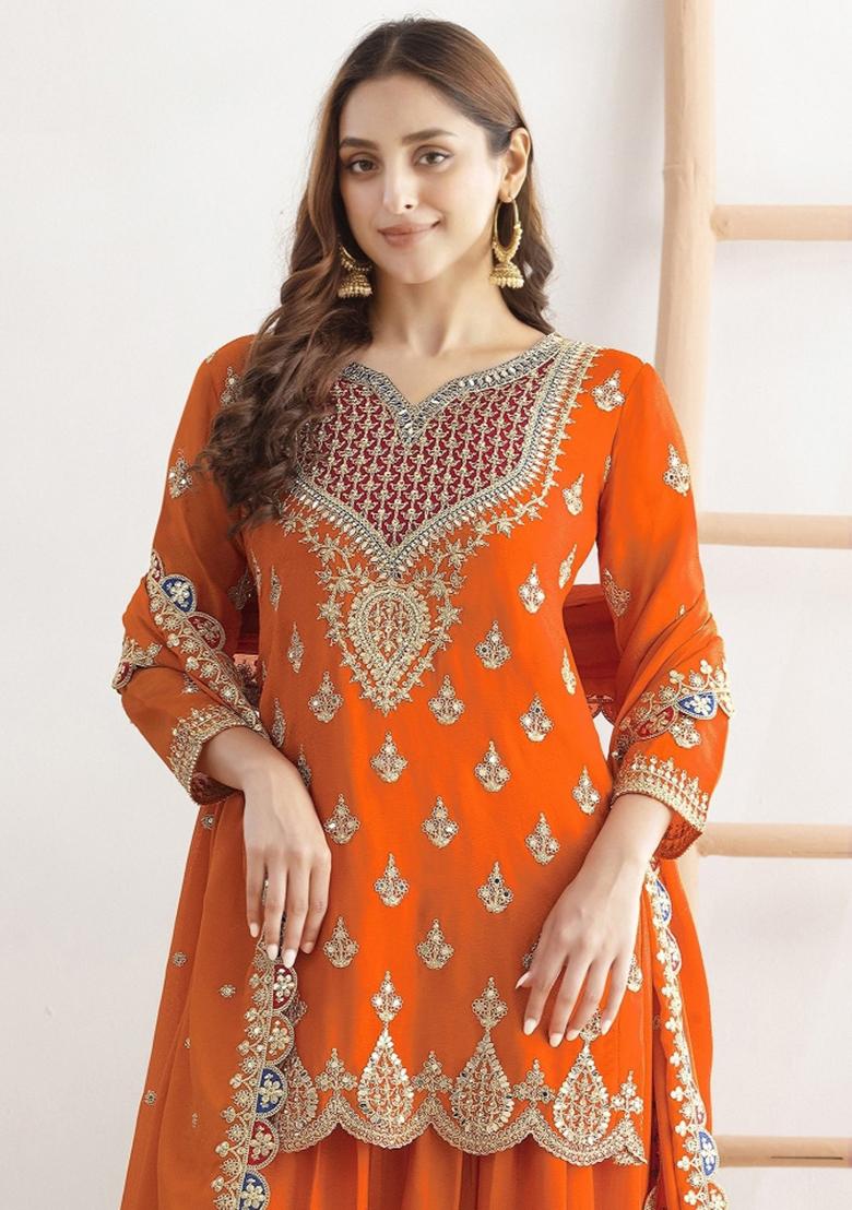 Orange Embroidered Tissue Kurta Set - Indya