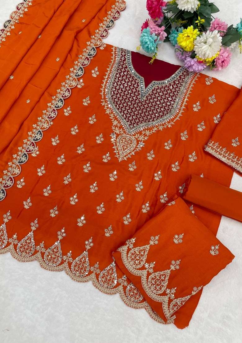 Orange Embroidered Tissue Sharara Set - Indya