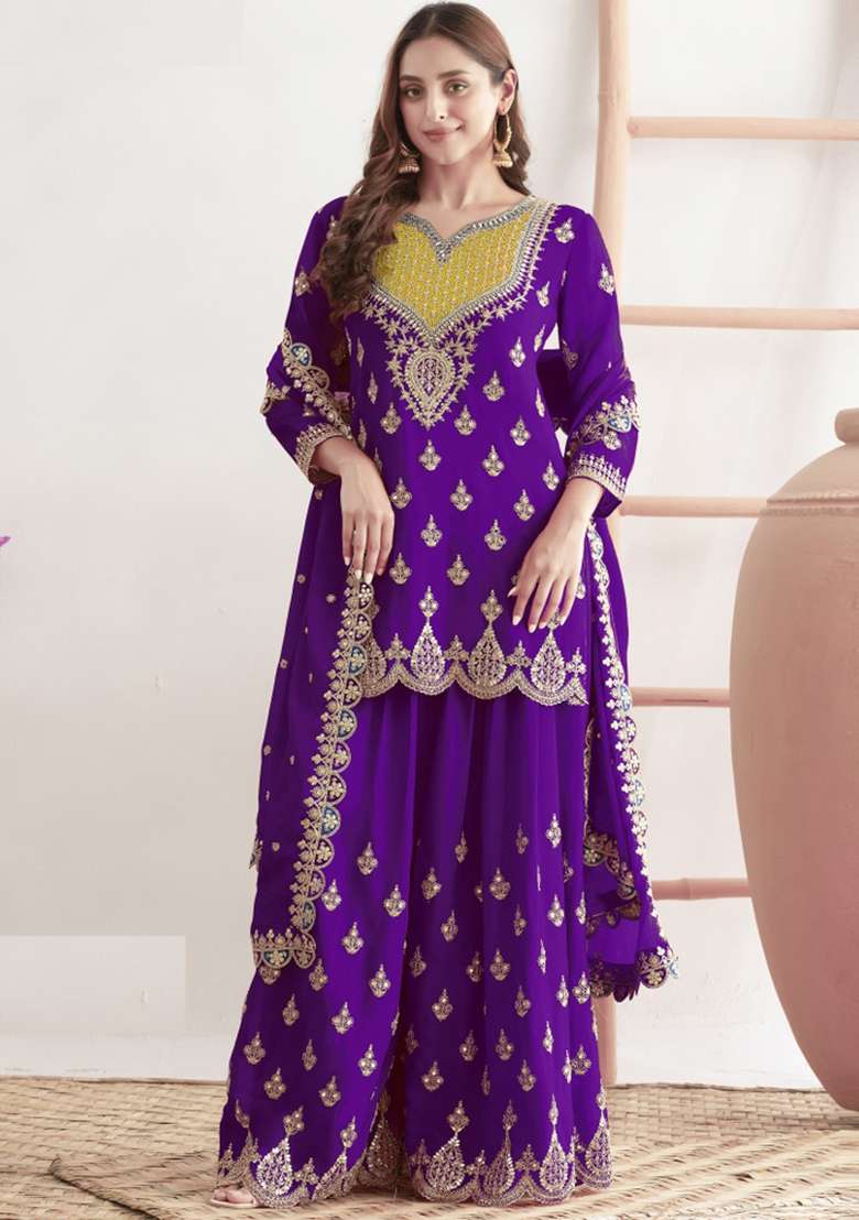 Purple Embroidered Tissue Sharara Set - Indya