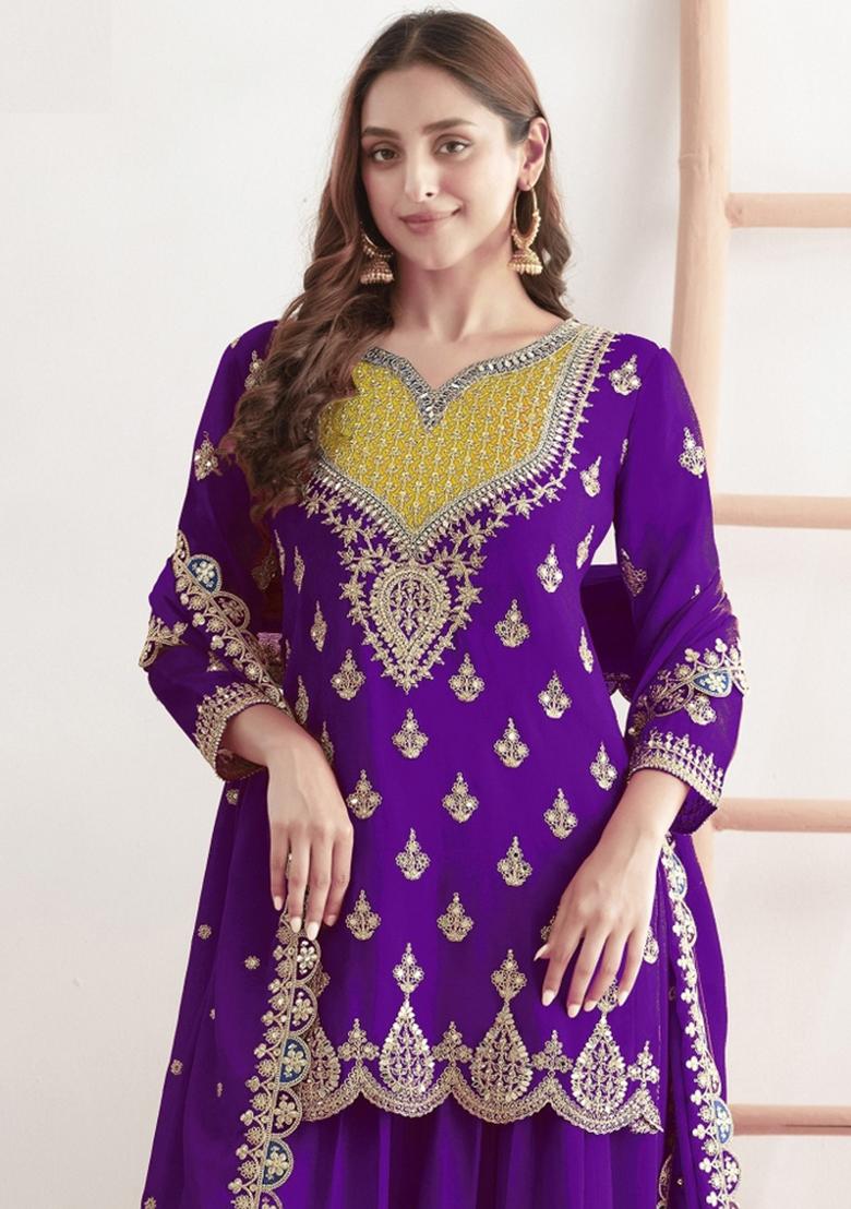 Purple Embroidered Tissue Kurta Set - Indya