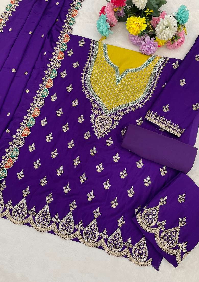 Purple Embroidered Tissue Sharara Set - Indya