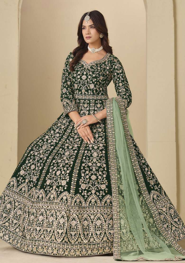 Green Embroidered Velvet Anarkali Set - Indya