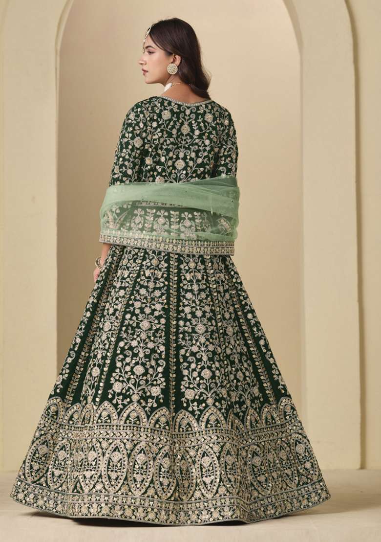 Green Embroidered Velvet Anarkali Set - Indya