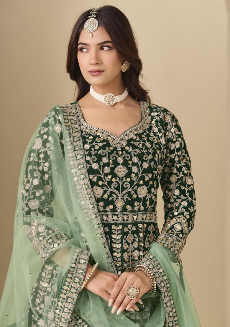 Green Embroidered Velvet Anarkali Set - Indya