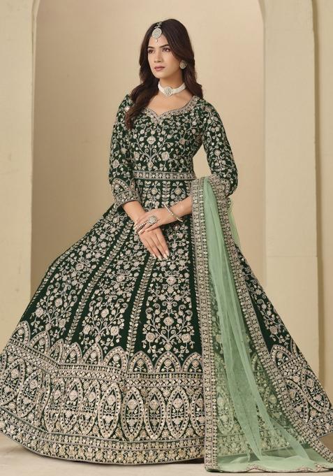 Green Embroidered Velvet Anarkali Set