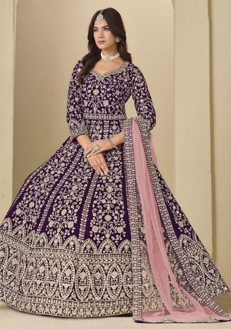 Wine Embroidered Velvet Anarkali Set - Indya