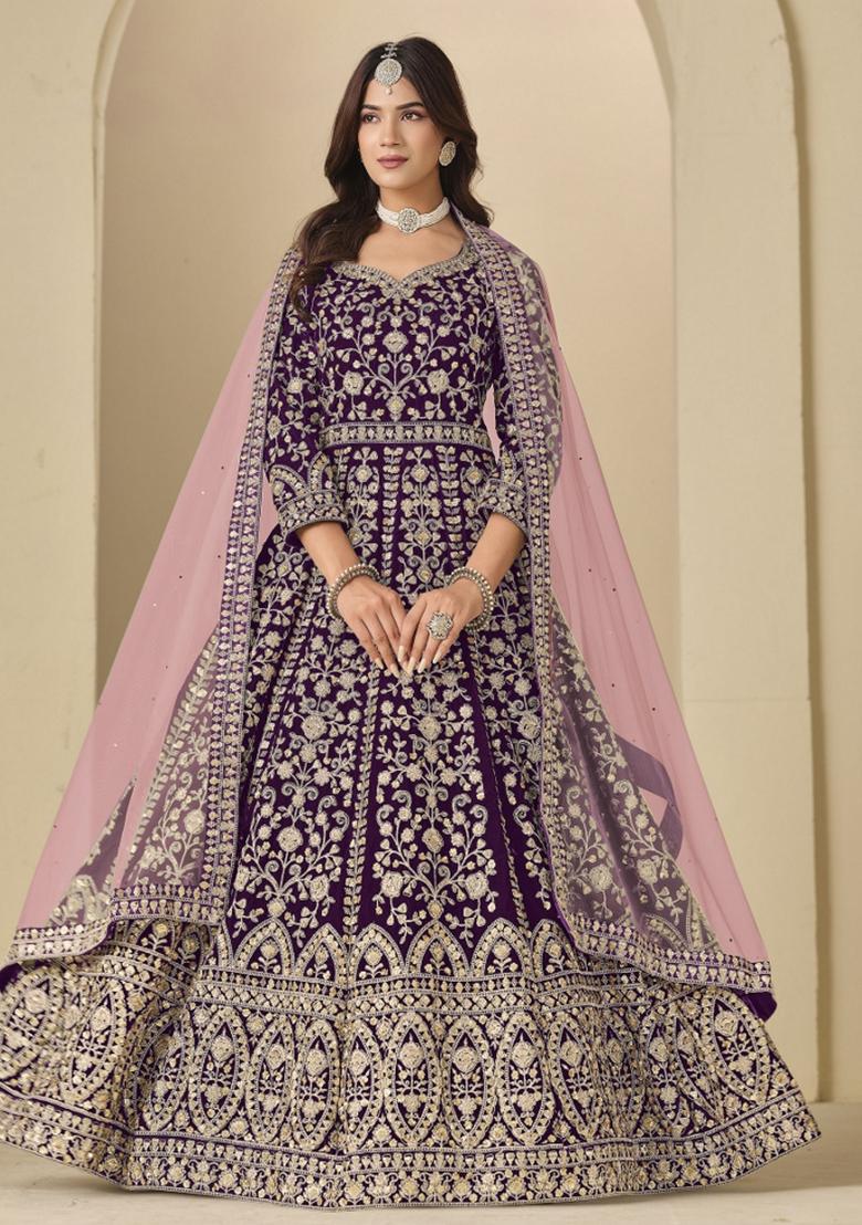 Wine Embroidered Velvet Anarkali Set - Indya