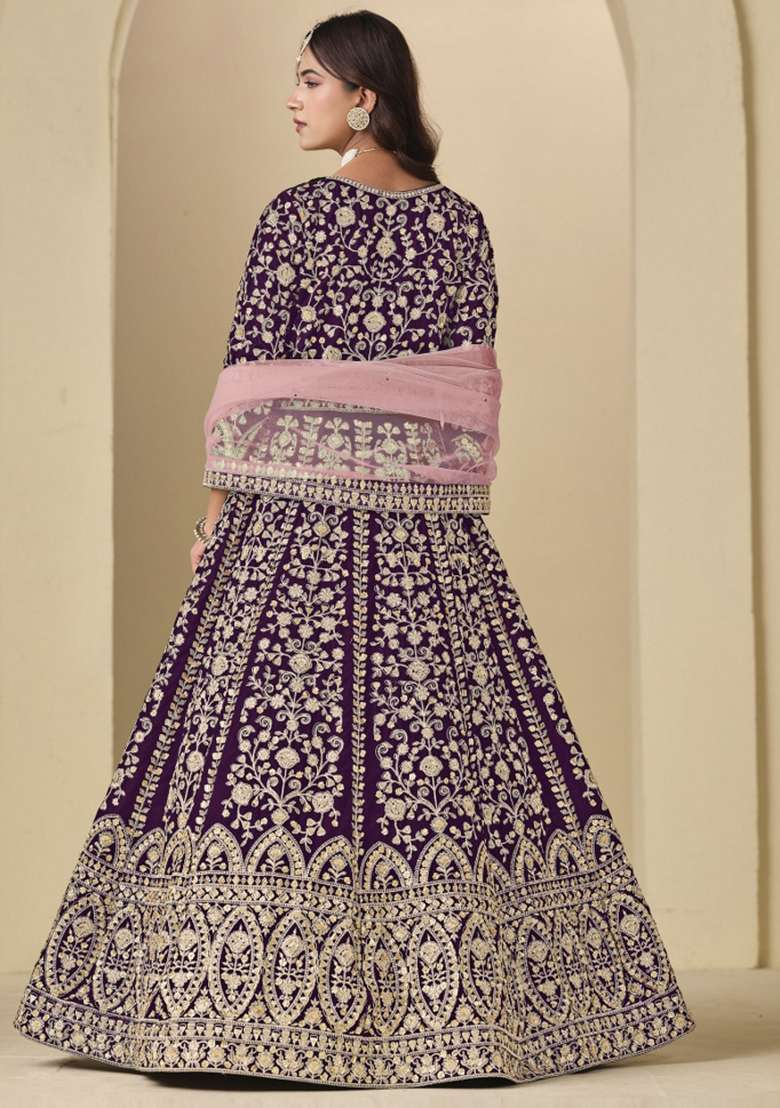 Wine Embroidered Velvet Anarkali Set - Indya