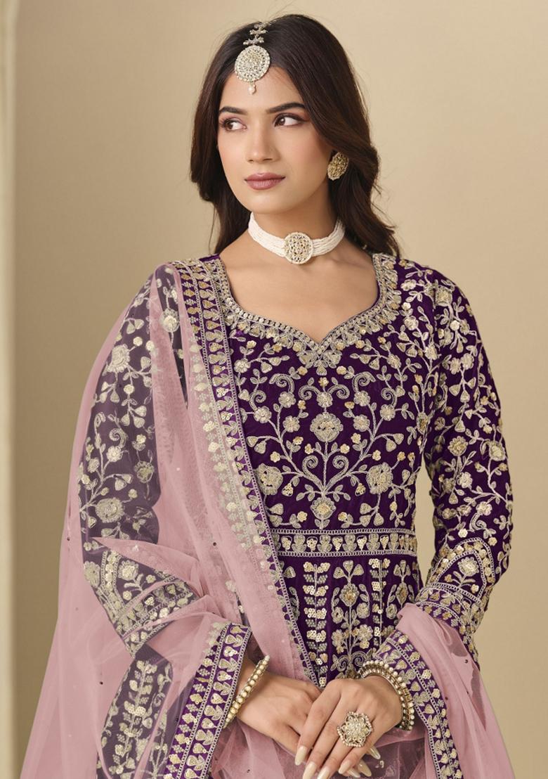Wine Embroidered Velvet Anarkali Set - Indya