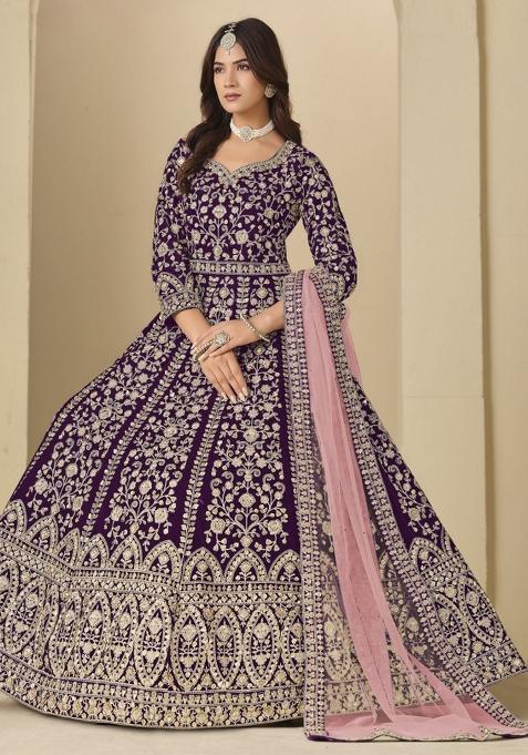 Wine Embroidered Velvet Anarkali Set