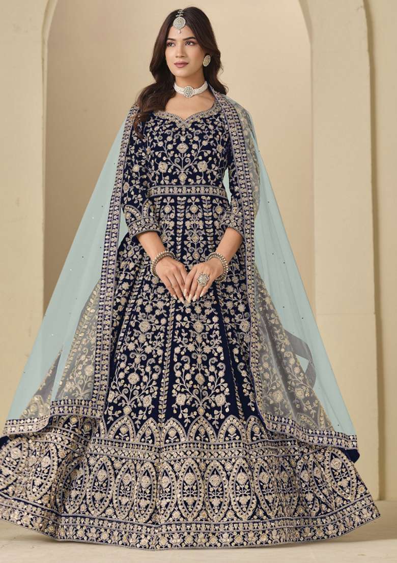 Blue Embroidered Velvet Anarkali Set - Indya
