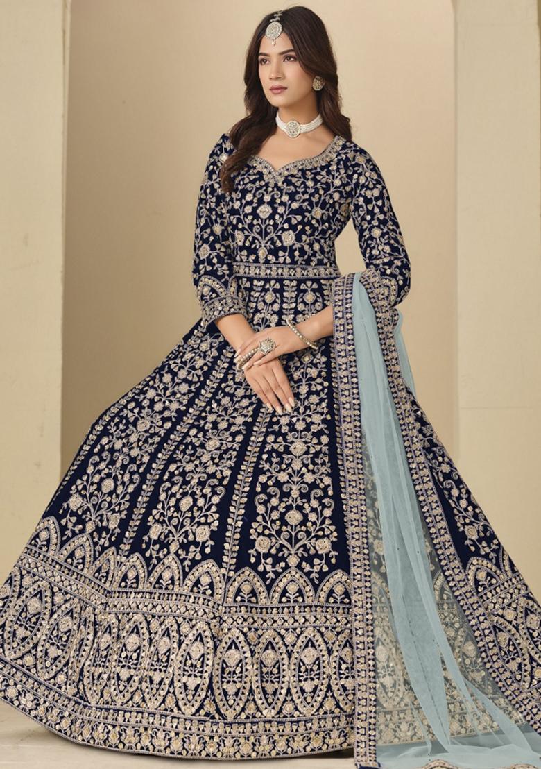 Blue Embroidered Velvet Anarkali Set - Indya